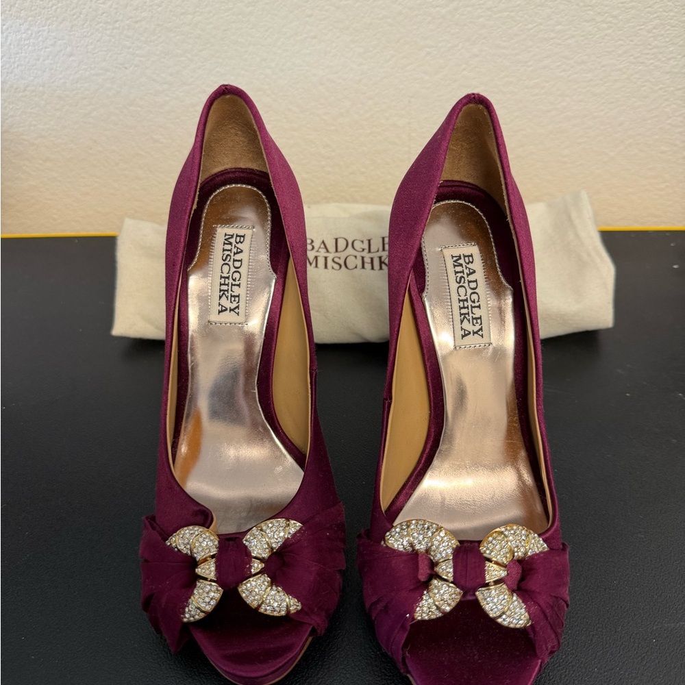 Badgley Mischka Burgundy Peep Toe Heels with Rhinestone Bow